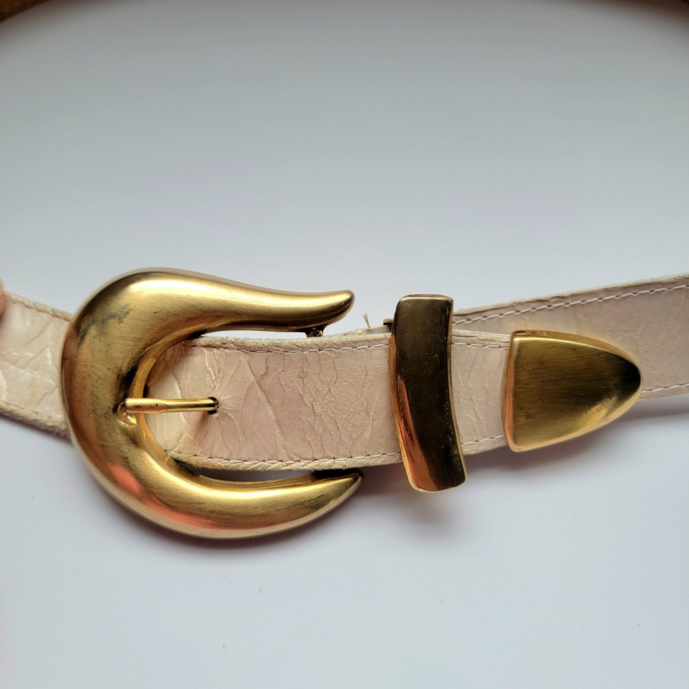 Ivory‎ Genuine Leather Belt Gold Sculptural Buckle Small Made in USA